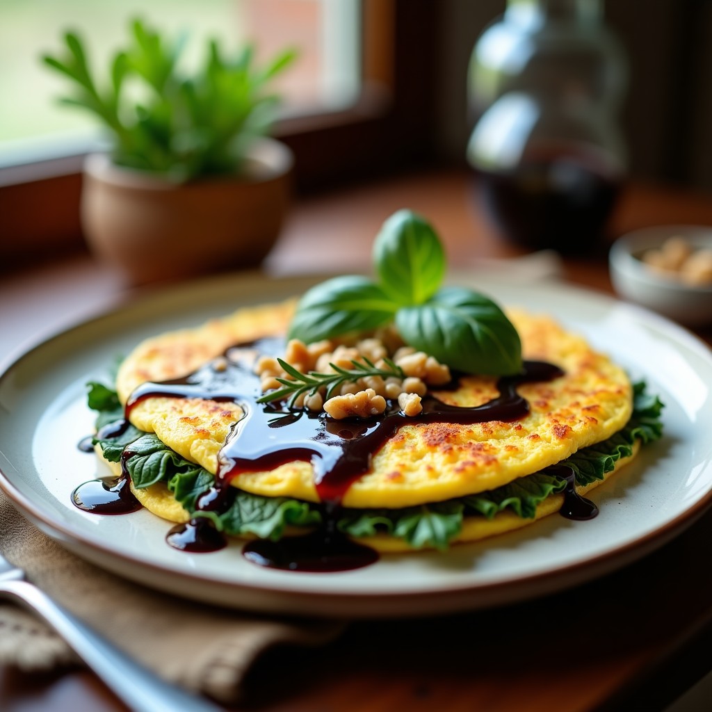 Tortilla dorada y esponjosa con espinacas verdes salteadas, trozos de queso de cabra cremoso y nueces pecanas, coronada con una reducción brillante de vinagre balsámico. Plato blanco rústico sobre fondo de madera claro.