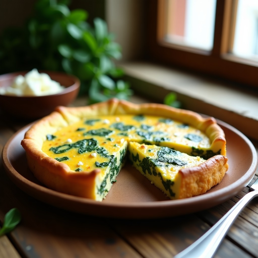Tortilla dorada al horno con espinacas verdes y trozos de queso feta blanco, cortada en porciones sobre un plato de madera rústico. Receta de tortilla de espinacas y queso feta al horno.