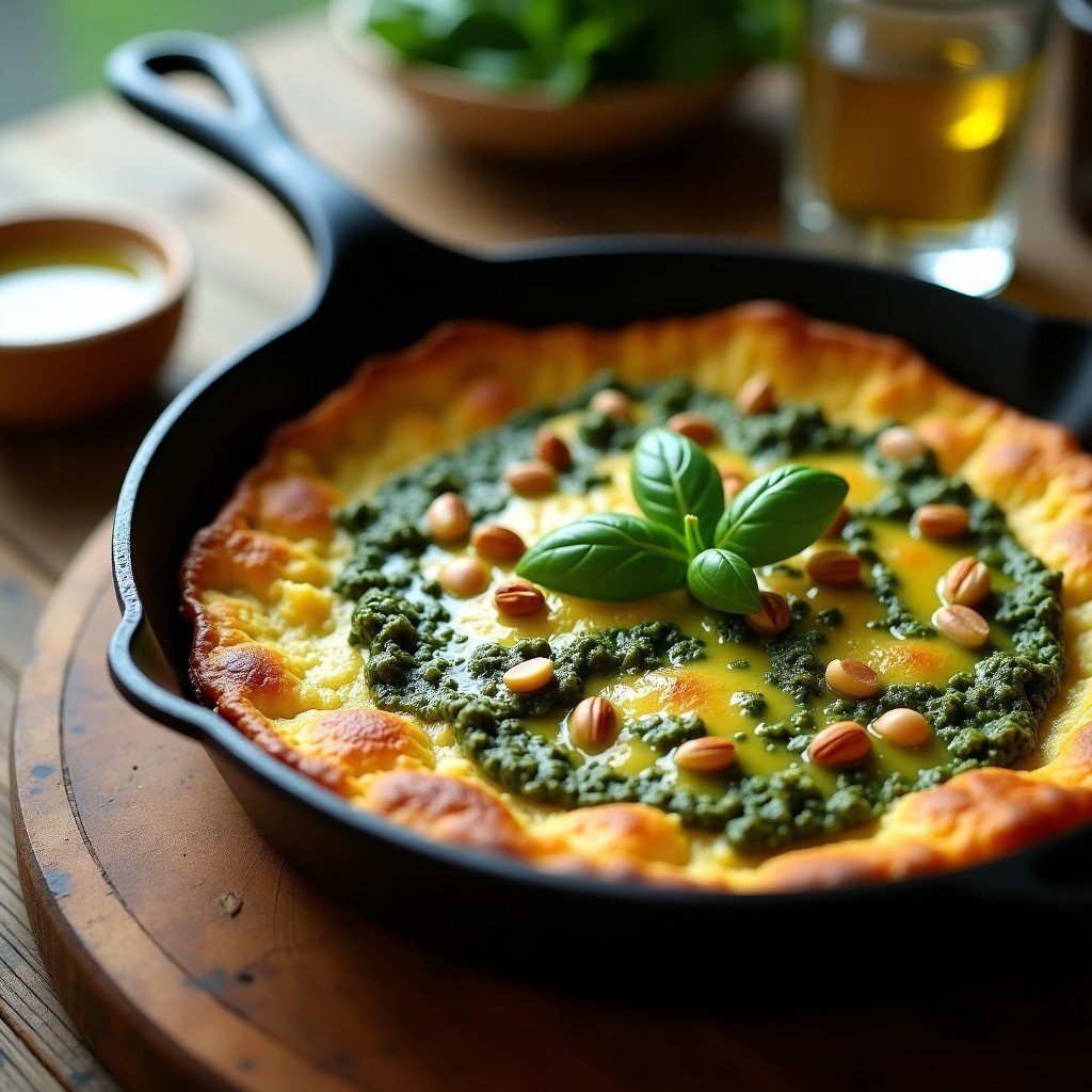 Tortilla dorada y jugosa de espinacas y queso de oveja curado en trozos, coronada con un vibrante pesto de albahaca verde y piñones, servida en sartén antiadherente con fondo ligeramente crujiente. Receta keto en sartén con toque griego.