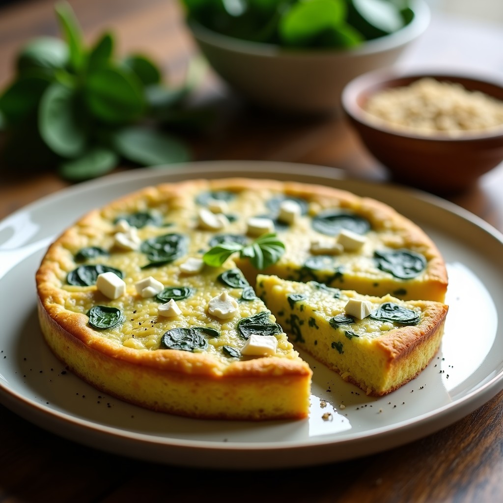 Tortilla dorada de espinacas y quinoa al horno, cortada en porciones, con trozos de queso feta visibles y un toque de pimienta negra sobre fondo rústico de madera.