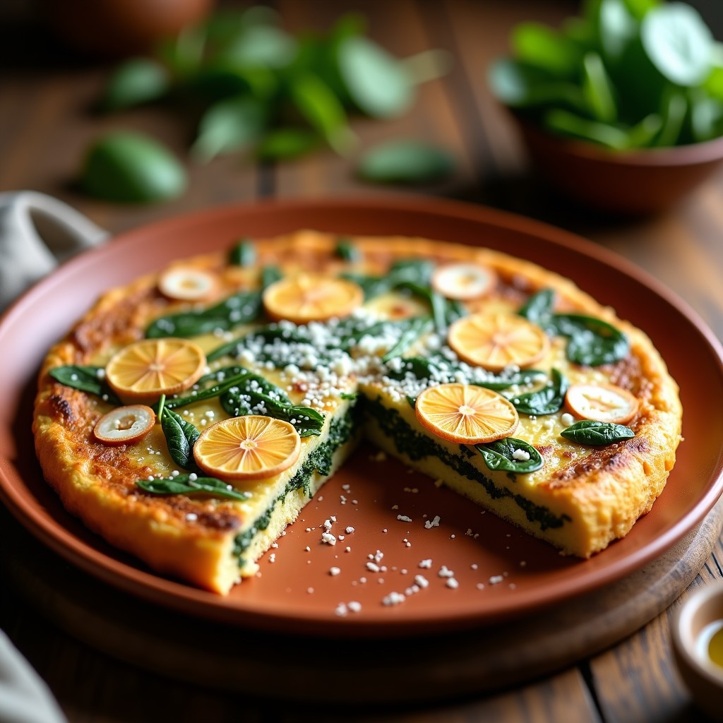 Tortilla dorada y esponjosa con láminas de seta de los ojos y espinacas, espolvoreada con queso curado rallado, servida en plato de barro rústico.