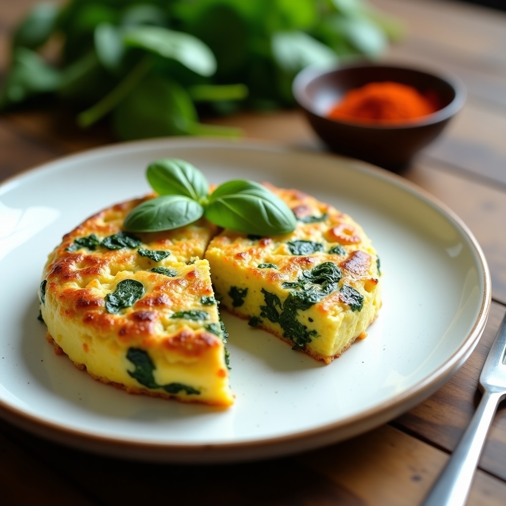 Tortilla dorada y esponjosa de espinacas y tofu ahumado servida en plato blanco, con trozos verdes de espinaca visibles y un toque crujiente en los bordes, receta vegana en airfryer.