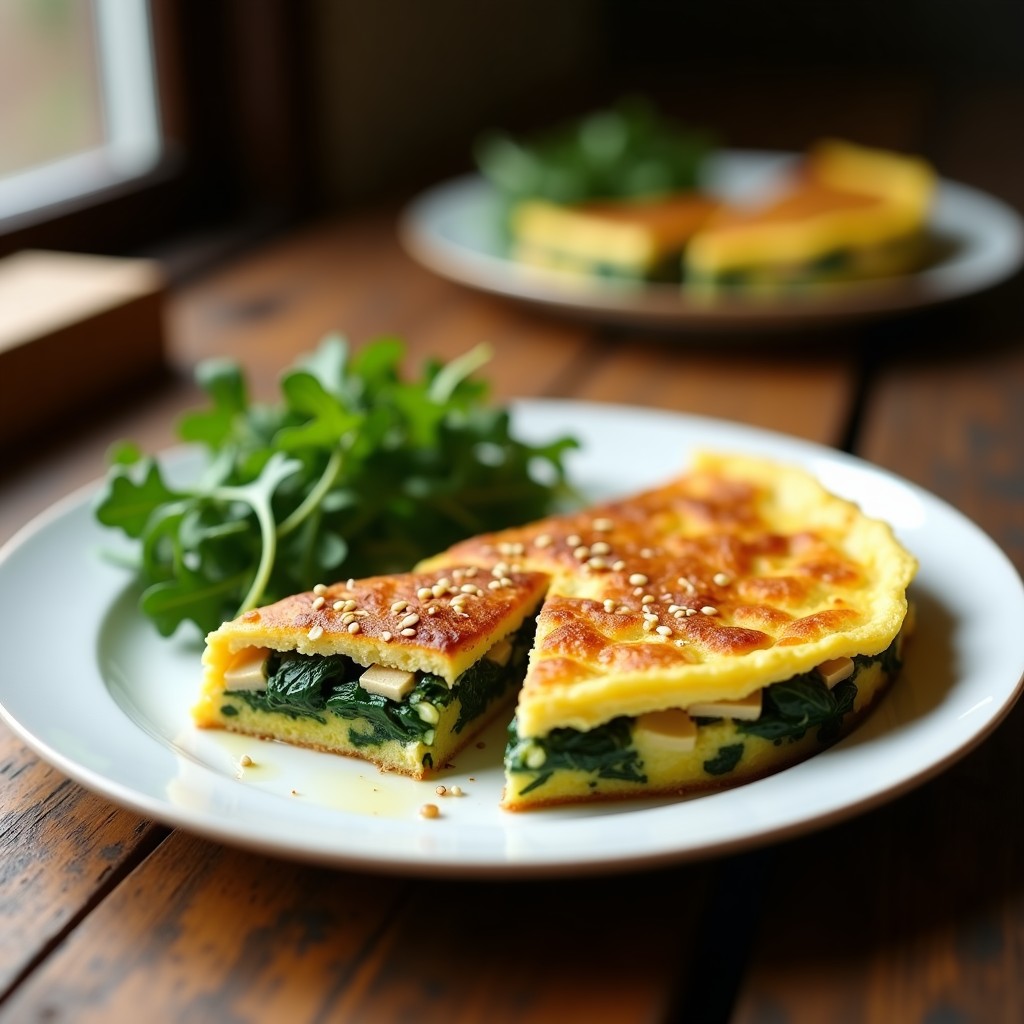 Tortilla dorada y esponjosa de espinacas y tofu ahumado servida en plato blanco, con trozos de tofu visibles y espinacas integradas, alta en proteína y horneada.
