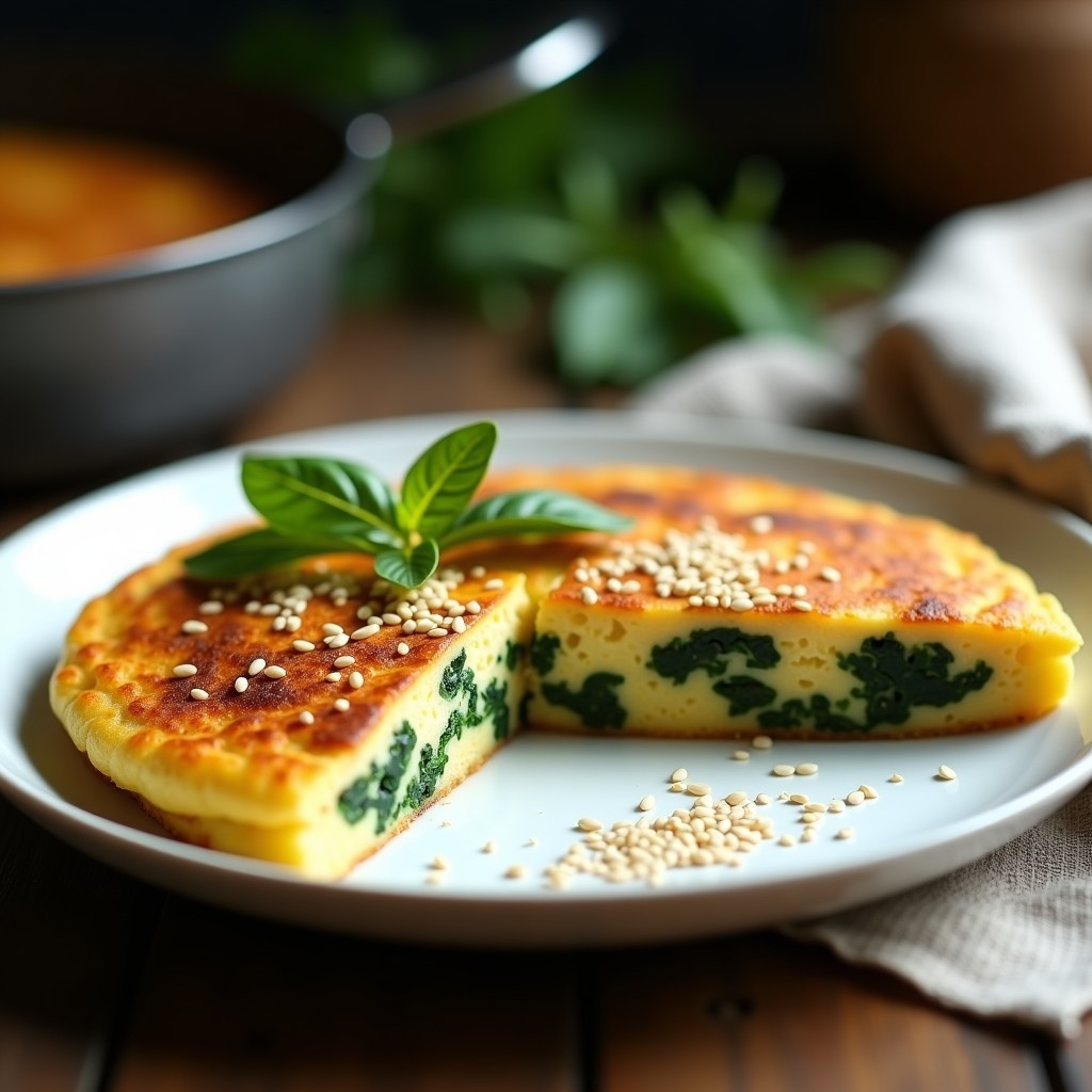 Tortilla dorada y esponjosa de espinacas y tofu ahumado servida en plato blanco, con textura jugosa y trozos verdes de espinacas visibles, receta en ollas superpuestas.