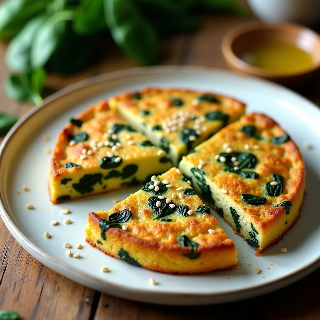 Tortilla dorada de espinacas y tofu en airfryer, cortada en porciones, con textura esponjosa y trozos verdes de espinaca visibles, servida en plato blanco rústico.