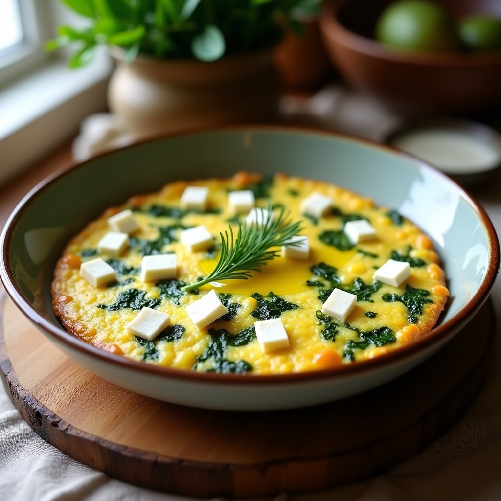 Tortilla dorada y esponjosa en molde redondo, con trozos visibles de feta blanca y espinacas verdes, preparada en airfryer, servida sobre tabla de madera rústica.