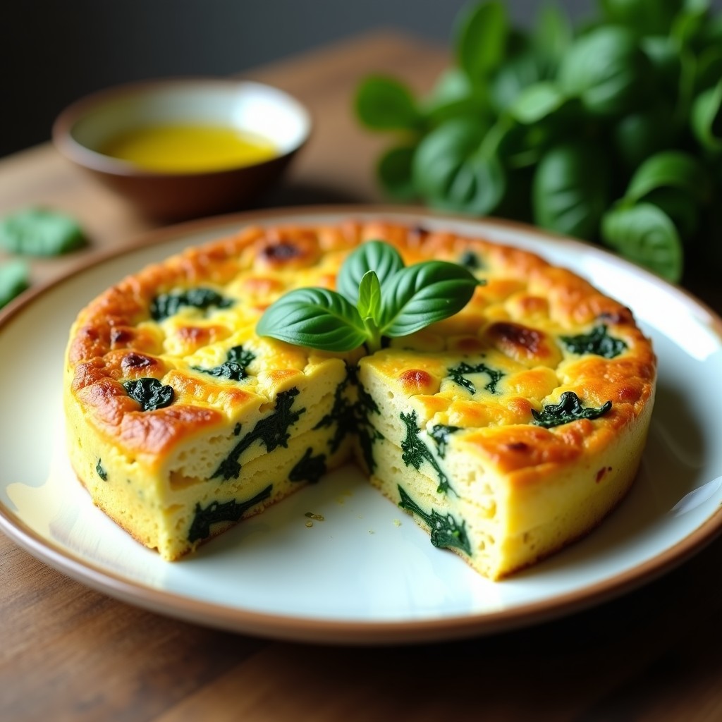 Tortilla dorada de espinacas y tofu en ollas superpuestas, cortada en porciones, con capas visibles y textura esponjosa, servida en plato blanco rústico.