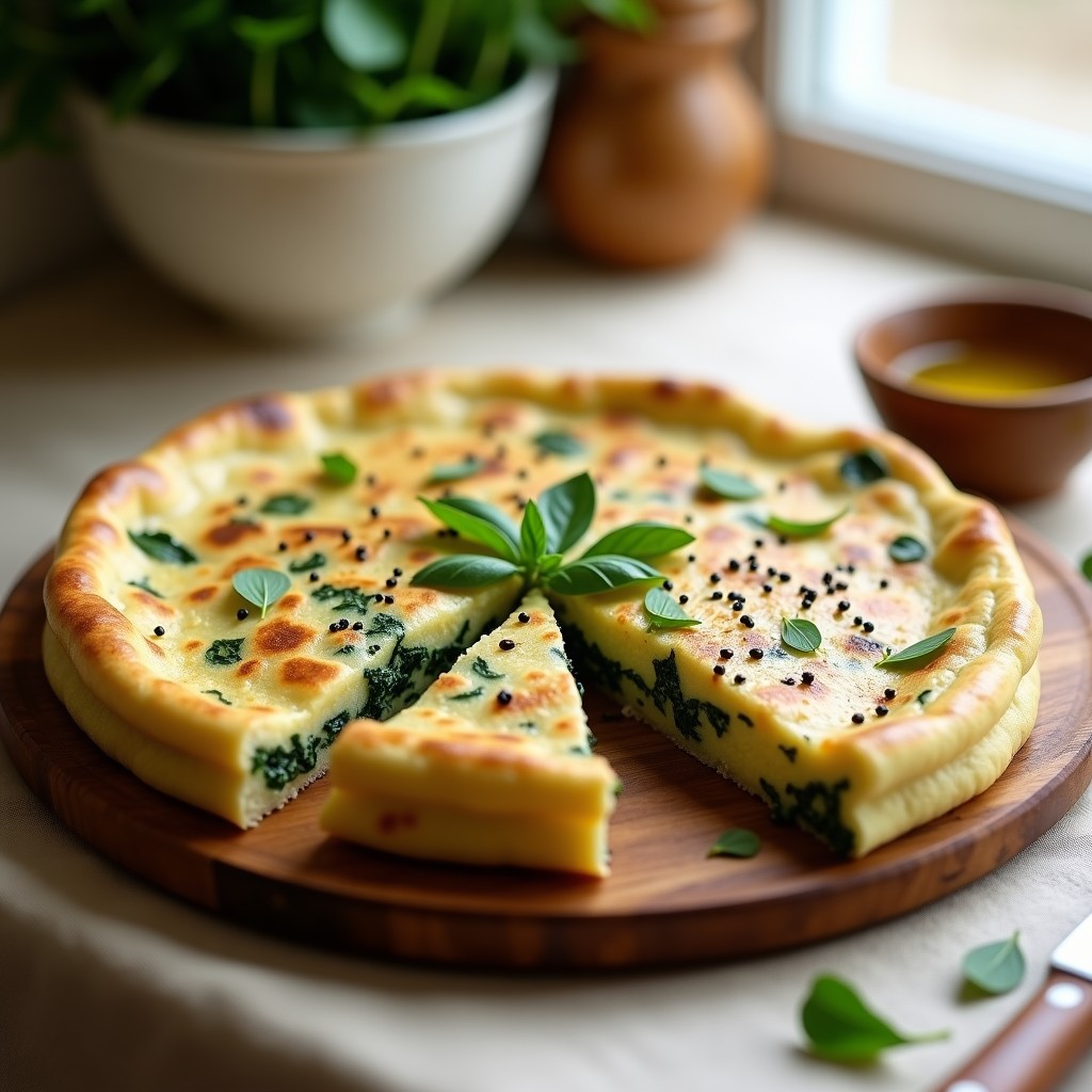 Tortilla vegana dorada de espinacas y tofu en bandeja de horno, cortada en porciones, con textura esponjosa y bordes crujientes, receta rápida y alta en proteína.
