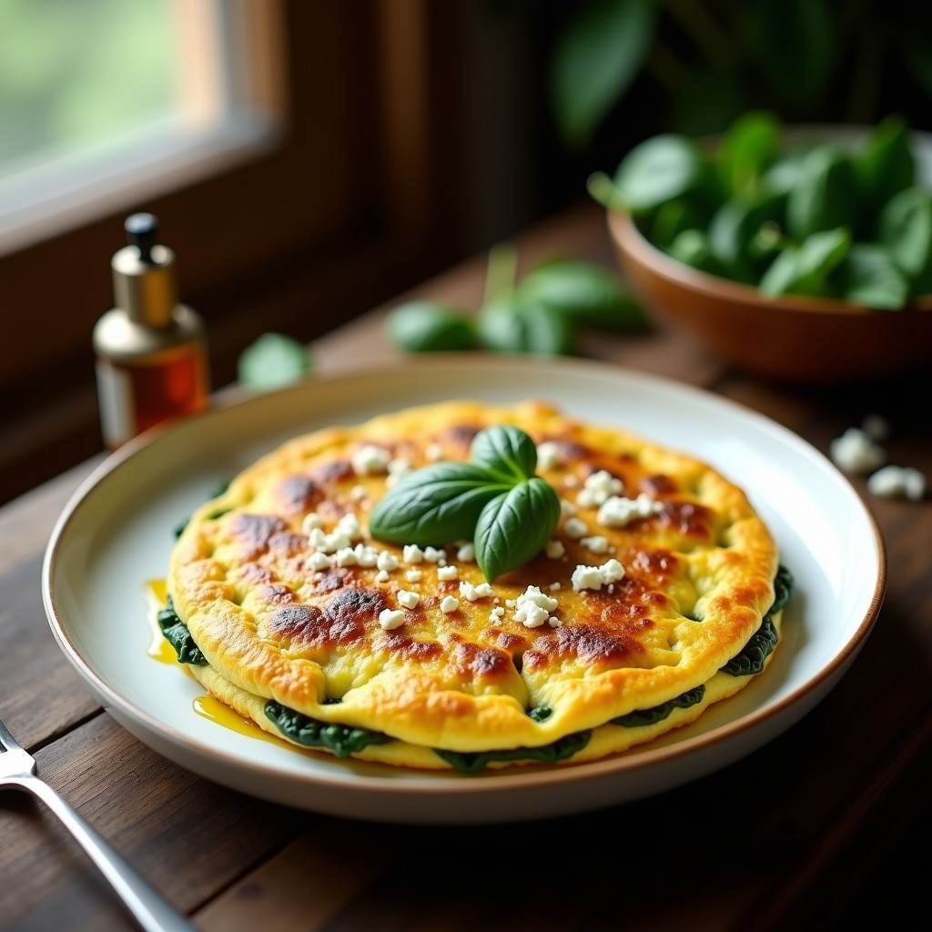 Tortilla dorada y esponjosa con espinacas verdes y trozos de queso feta, bañada con aceite de trufa negra, servida en plato blanco rústico. Receta Thermomix de tortilla de espinacas y trufa.