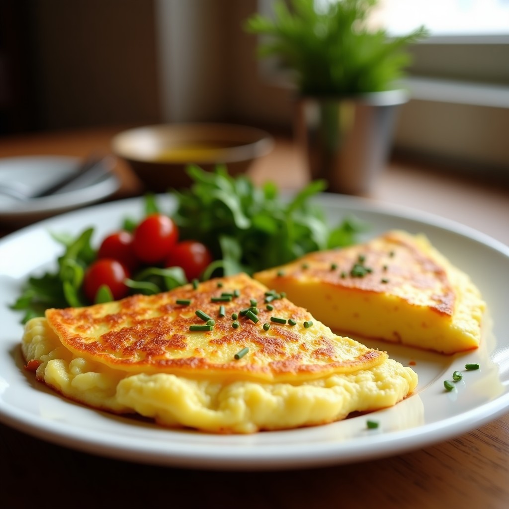 Tortilla de patata y cebolla morada esponjosa servida en plato blanco, con el centro jugoso y los bordes dorados, acompañada de una ensalada verde.
