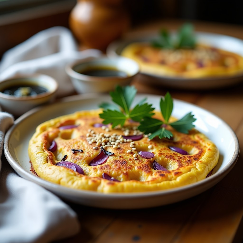 Tortilla dorada de harina de garbanzo con trozos de alcachofas y cebolla morada, servida en plato blanco con salsa de ajo negro espesa y semillas de sésamo. Desayuno español vegano sin gluten, alta en proteína.