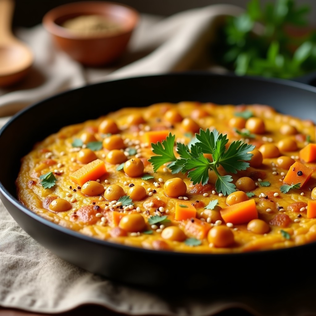 Tortilla vegana dorada de garbanzos y calabaza con especias marroquíes, servida en plato de barro con perejil fresco y semillas de sésamo, fondo rústico con especias y hierbas.