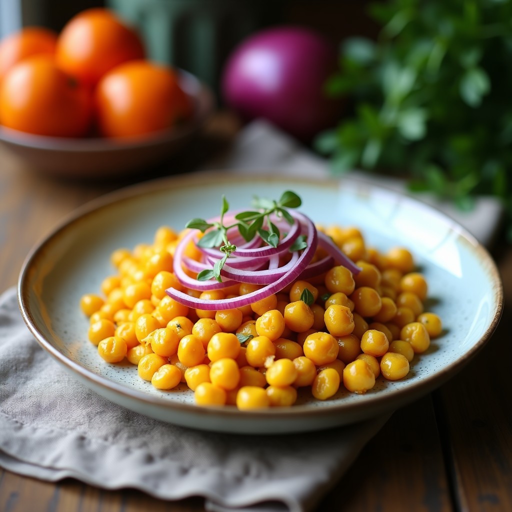 Tortilla dorada y esponjosa de garbanzos y cúrcuma con semillas de sésamo tostadas, servida en plato de cerámica blanca con hierbas frescas y rodajas de pimiento rojo asado al lado.