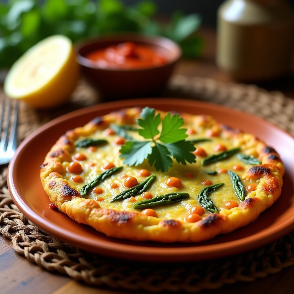 Tortilla dorada de harina de garbanzo con espárragos trigueros salteados y semillas de sésamo, servida en plato rústico con un toque de harissa y cilantro fresco, típica del desayuno marroquí sin harina.