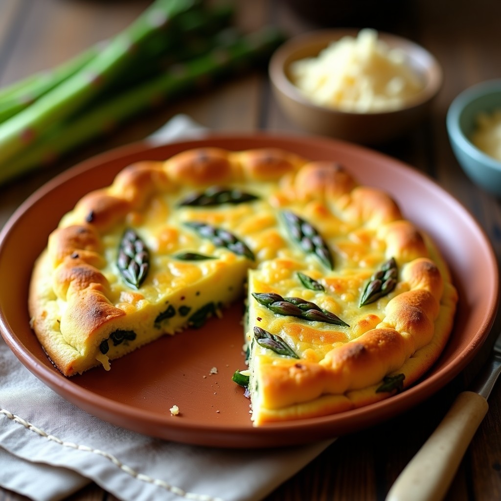 Tortilla vegana sin gluten de garbanzos y espárragos con pimentón de la Vera, dorada y esponjosa, servida en tabla de madera con semillas de sésamo por encima y un fondo rústico.