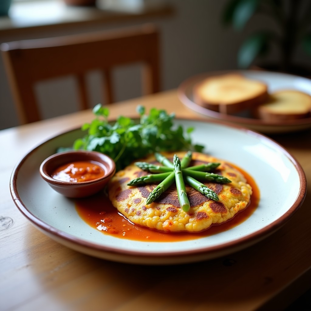Tortilla dorada de garbanzos y espárragos trigueros servida en plato blanco con salsa romesco cremosa al lado, decorada con perejil fresco y almendras tostadas, receta española sin gluten.