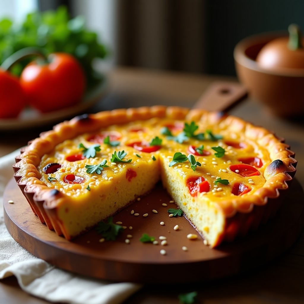 Tortilla dorada de garbanzos y pimientos asados en molde redondo, con semillas de sésamo tostadas en la superficie, cortada en porciones sobre tabla de madera rústica. Desayuno vegano sin huevos, alto en proteína y colorido.