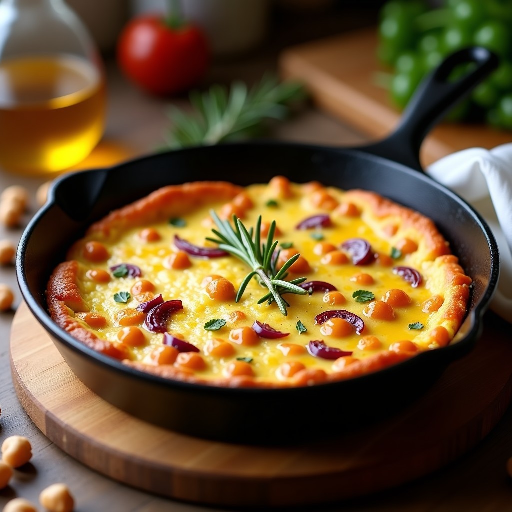 Tortilla dorada y esponjosa de garbanzos y pimientos del piquillo en sartén de hierro, con trozos de cebolla morada y especias visibles, servida sobre tabla de madera rústica con ramita de romero.