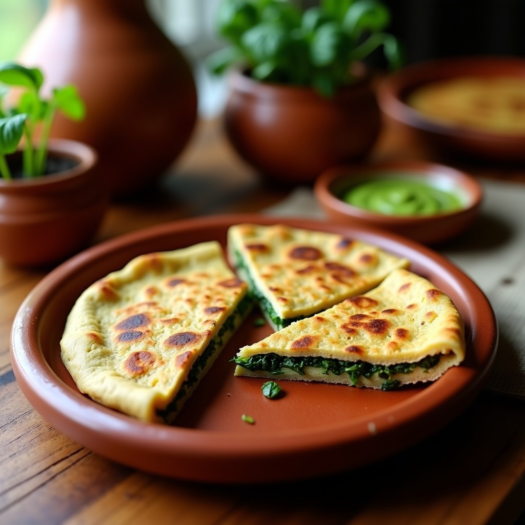 Tortilla dorada y esponjosa de grillos y espinacas en molde de barro, cortada en porciones, con trozos de espinacas visibles y un toque de especias mexicanas, servida con salsa verde al lado.
