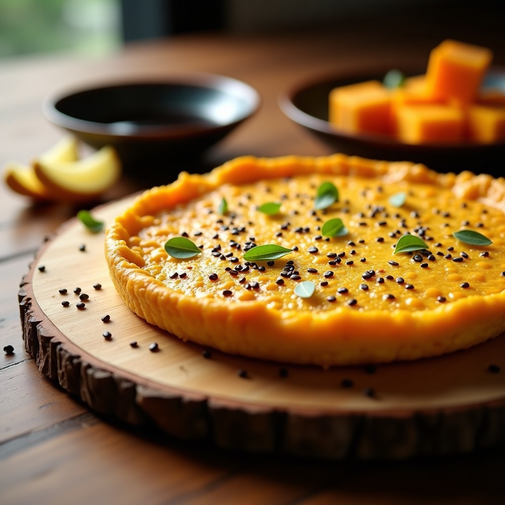 Tortilla dorada y esponjosa de harina de garbanzo y calabaza kabocha, espolvoreada con semillas de sésamo negro, servida en tabla de madera con rodajas de jengibre fresco y un cuenco de salsa de soja al fondo. Receta vegana con toque japonés.