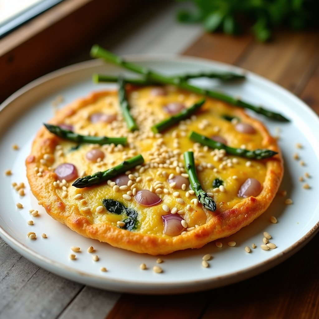 Tortilla dorada y esponjosa de harina de garbanzo con trozos de espárragos trigueros y almendras fileteadas, cocinada en airfryer, servida en plato blanco con perejil fresco.