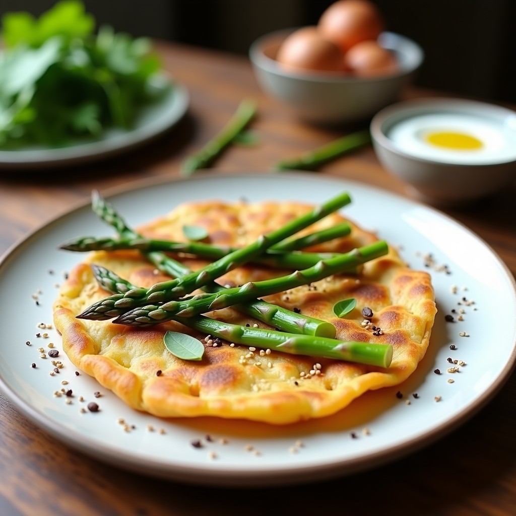Tortilla dorada de harina de garbanzo con espárragos trigueros asomando, semillas de sésamo tostadas y puntas de espárragos crujientes. Plato de desayuno keto y sin gluten sobre fondo rústico de madera.