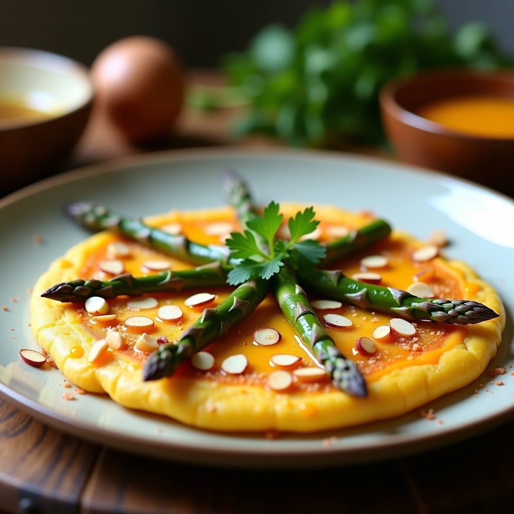Tortilla dorada de harina de garbanzo con trozos de espárragos trigueros salteados, puntas de espárragos enteras en círculo, almendras fileteadas tostadas y salsa de azafrán dorada vertida por encima, sobre fondo rústico de madera con perejil fresco.