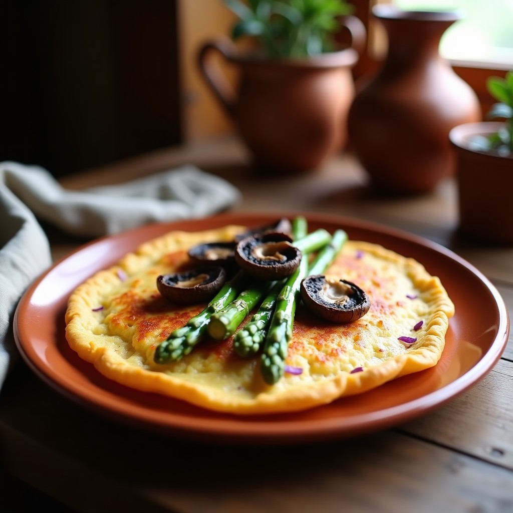 Tortilla española keto dorada con harina de garbanzo, espárragos trigueros verdes y láminas de trompeta de la muerte, servida en plato rústico de barro con fondo borroso de cocina tradicional.