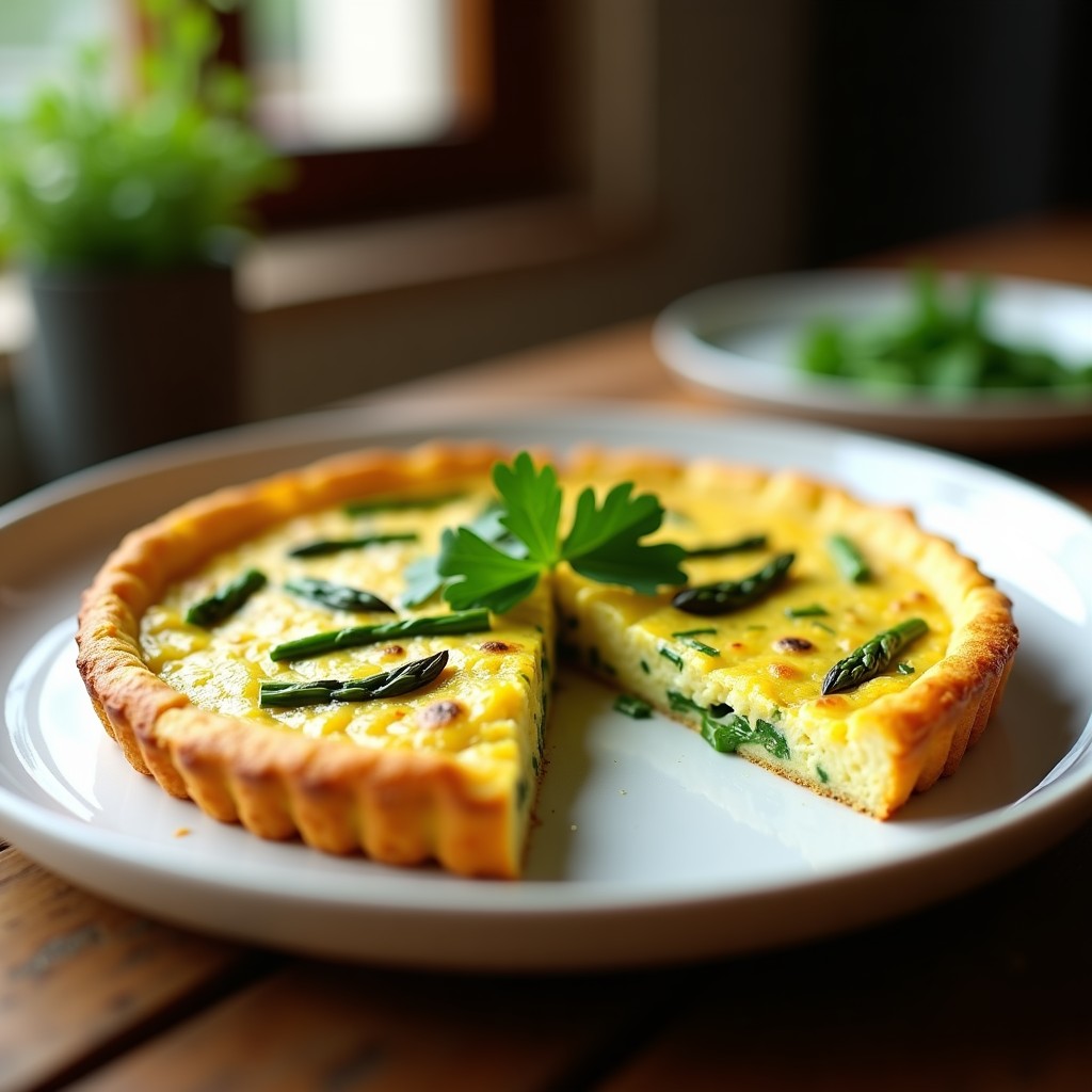 Tortilla dorada y esponjosa de harina de insectos y espárragos trigueros servida en plato blanco, acompañada de láminas de aguacate y semillas de sésamo, con fondo de cocina rústica y luz natural.