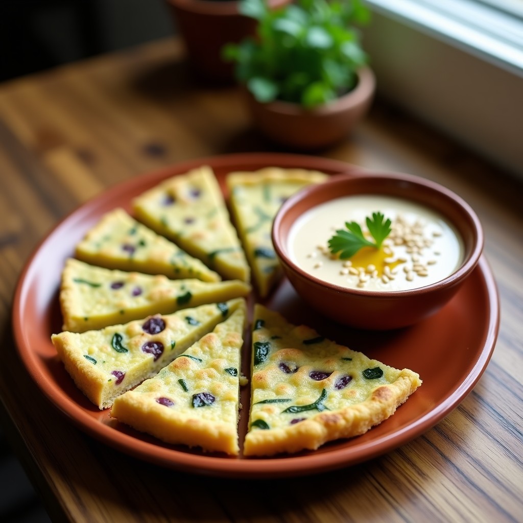 Tortilla dorada y esponjosa de harina de teff y calabacín cortada en triángulos, servida en plato de barro con dip de tahini cremoso espolvoreado con semillas de sésamo y perejil fresco. Receta keto, etíope y sin gluten.