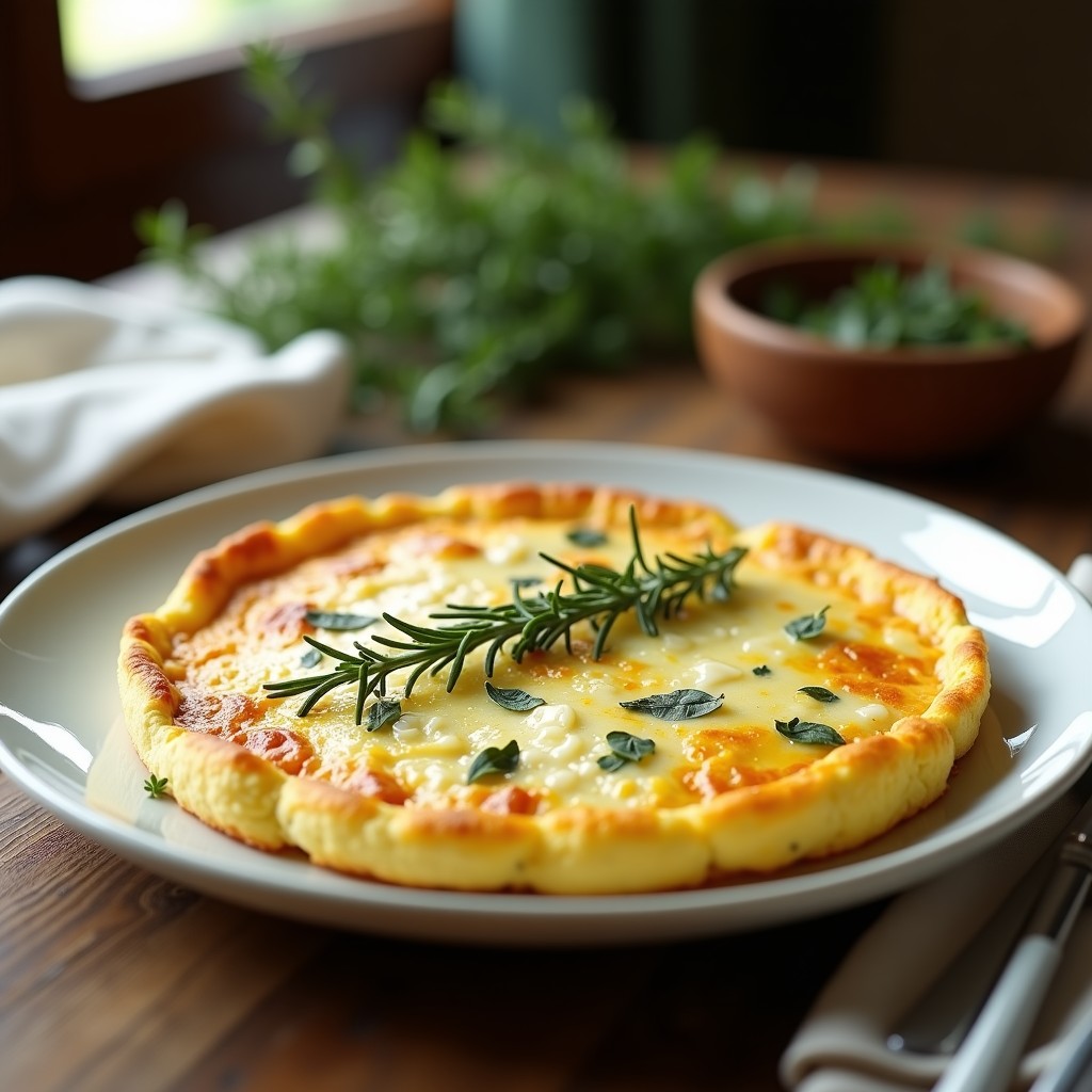 Tortilla dorada y esponjosa de hierbas provenzales servida en plato blanco, con trozos de queso de cabra cremoso y hierbas frescas, receta Thermomix.
