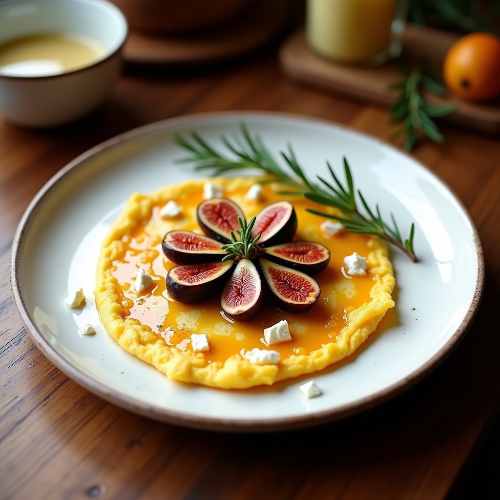 Tortilla dorada y esponjosa con higos caramelizados en el centro, bañados en miel y decorados con romero fresco sobre un plato blanco rústico, receta de tortilla de higos caramelizados con miel y romero.