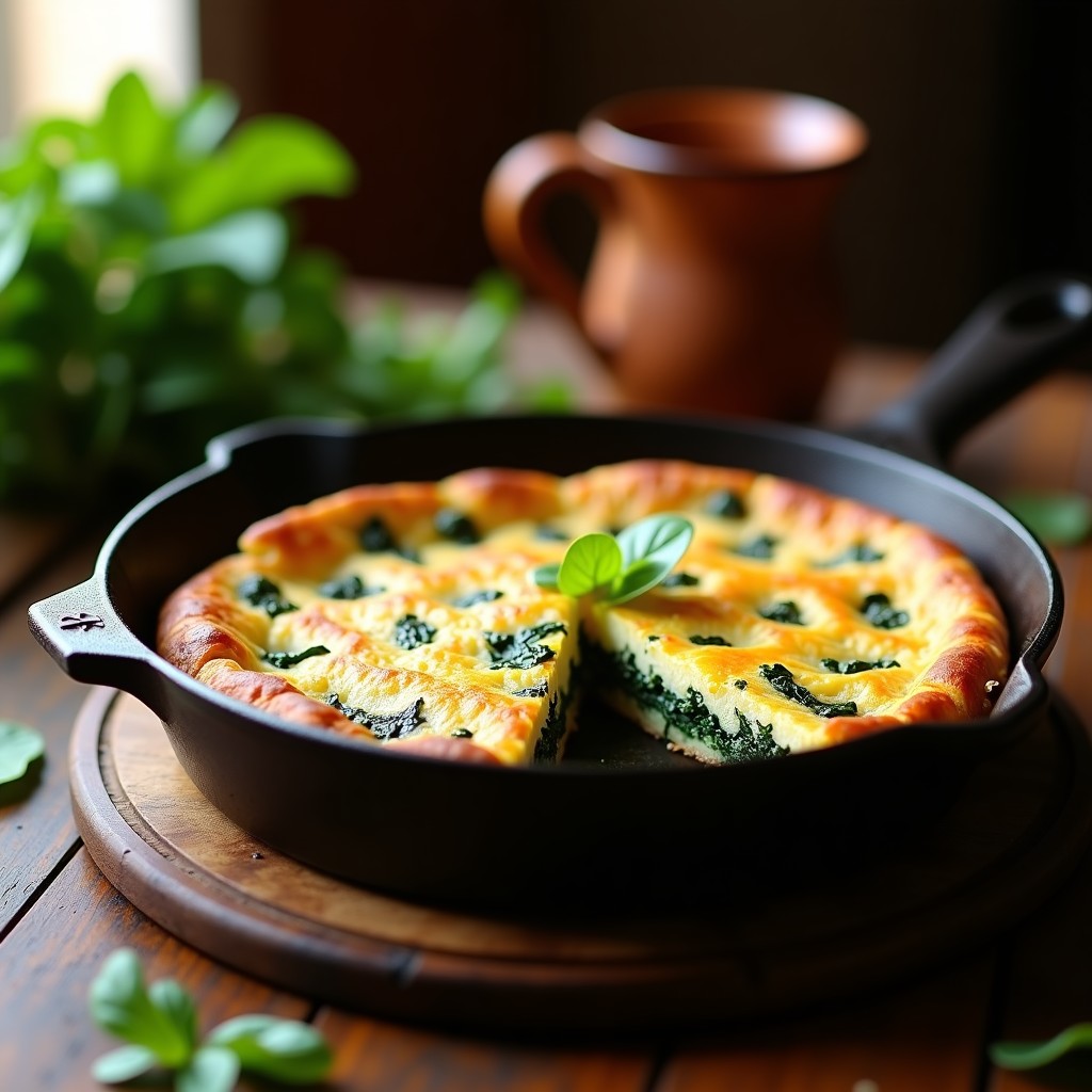 Tortilla de huerva sevillana dorada en una sartén de hierro, con bordes ligeramente crujientes y rellena de huerva salteada, servida en un plato de barro rústico.
