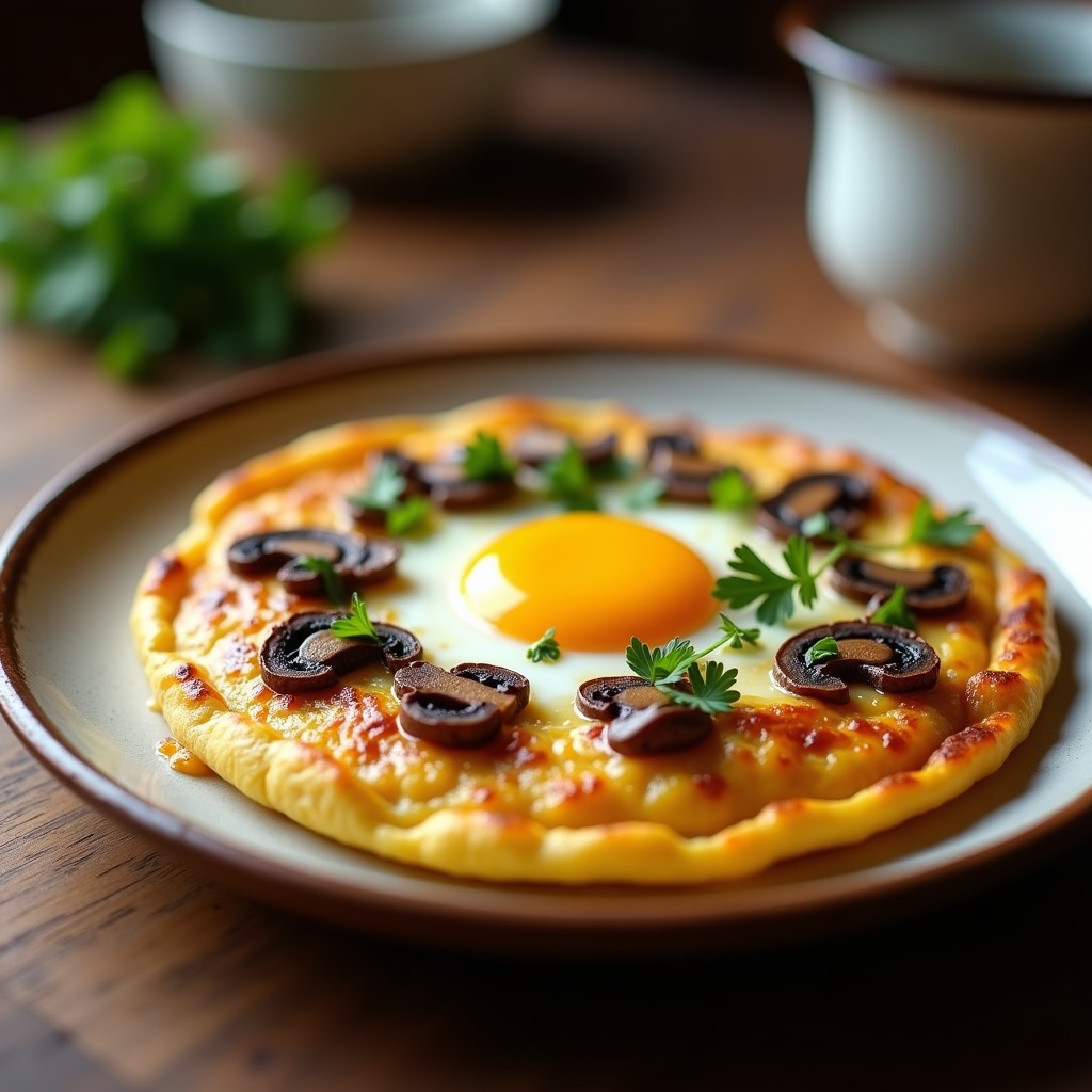 Tortilla dorada y esponjosa con trozos de champiñones ahumados y cebolla morada, decorada con perejil fresco sobre un plato blanco rústico, receta express de tortilla de huevos.