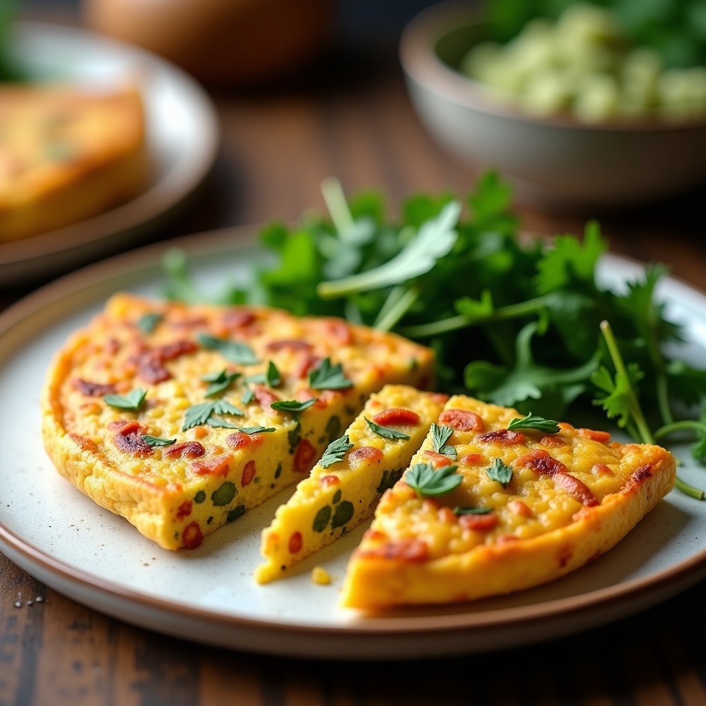 Tortilla dorada y esponjosa de lentejas rojas y espárragos blancos, cortada en porciones, con perejil fresco espolvoreado. Plato principal vegano y sin harina, cocinado en airfryer.