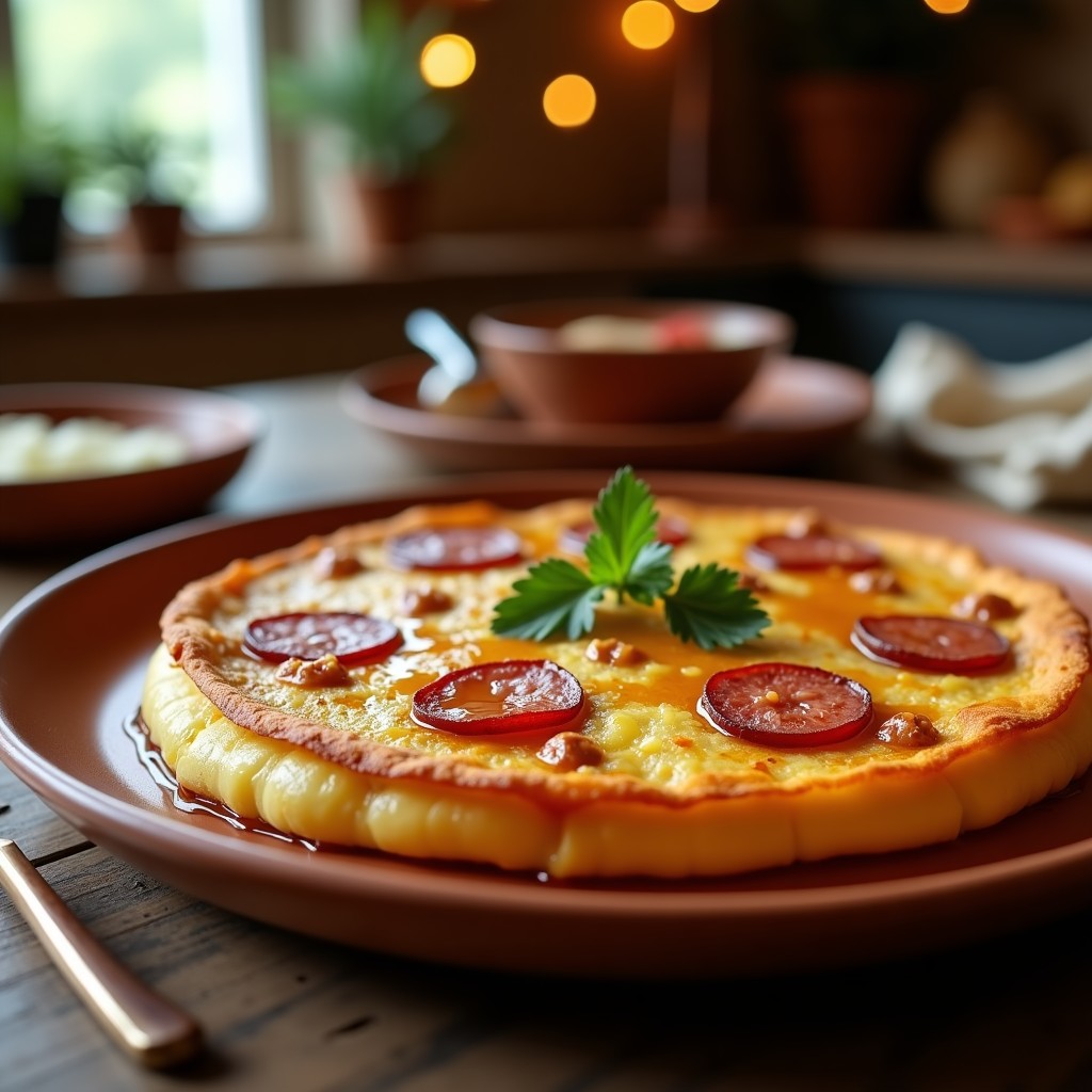 Tortilla dorada y jugosa con trozos de chorizo ibérico y patata, servida en plato rústico de barro con un hilo de miel oscura, receta navideña tradicional.
