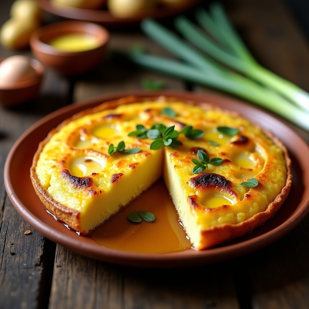 Tortilla de patata dorada y esponjosa cortada en porciones, con trozos de patata y cebolla visibles, servida en un plato de barro rústico con un chorrito de aceite de oliva virgen extra.