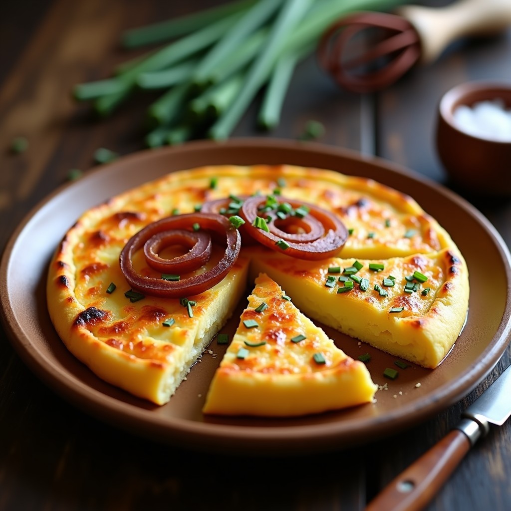 Tortilla de patata ahumada en plato de madera, dorada por fuera y cremosa por dentro, con rodajas de cebolla morada caramelizada y un espolvoreado de pimentón ahumado y algas nori.