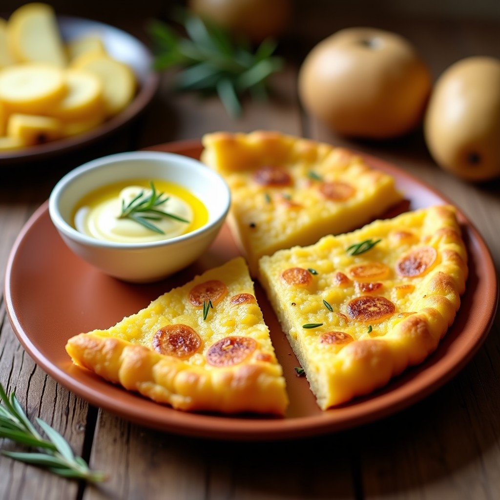 Tortilla de patata dorada y jugosa cortada en porciones, servida en un plato de barro con un cuenco de aioli casero cremoso y un chorrito de aceite de oliva virgen extra.