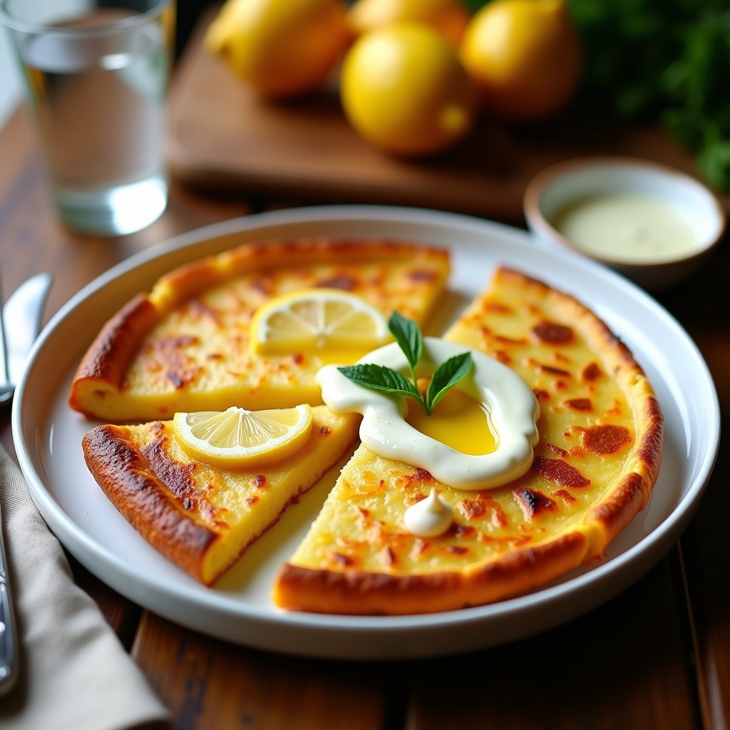 Tortilla de patata dorada y jugosa cortada en porciones, servida en plato de cerámica blanca con una generosa porción de aioli de limón trufado encima y rodajas de limón como decoración.