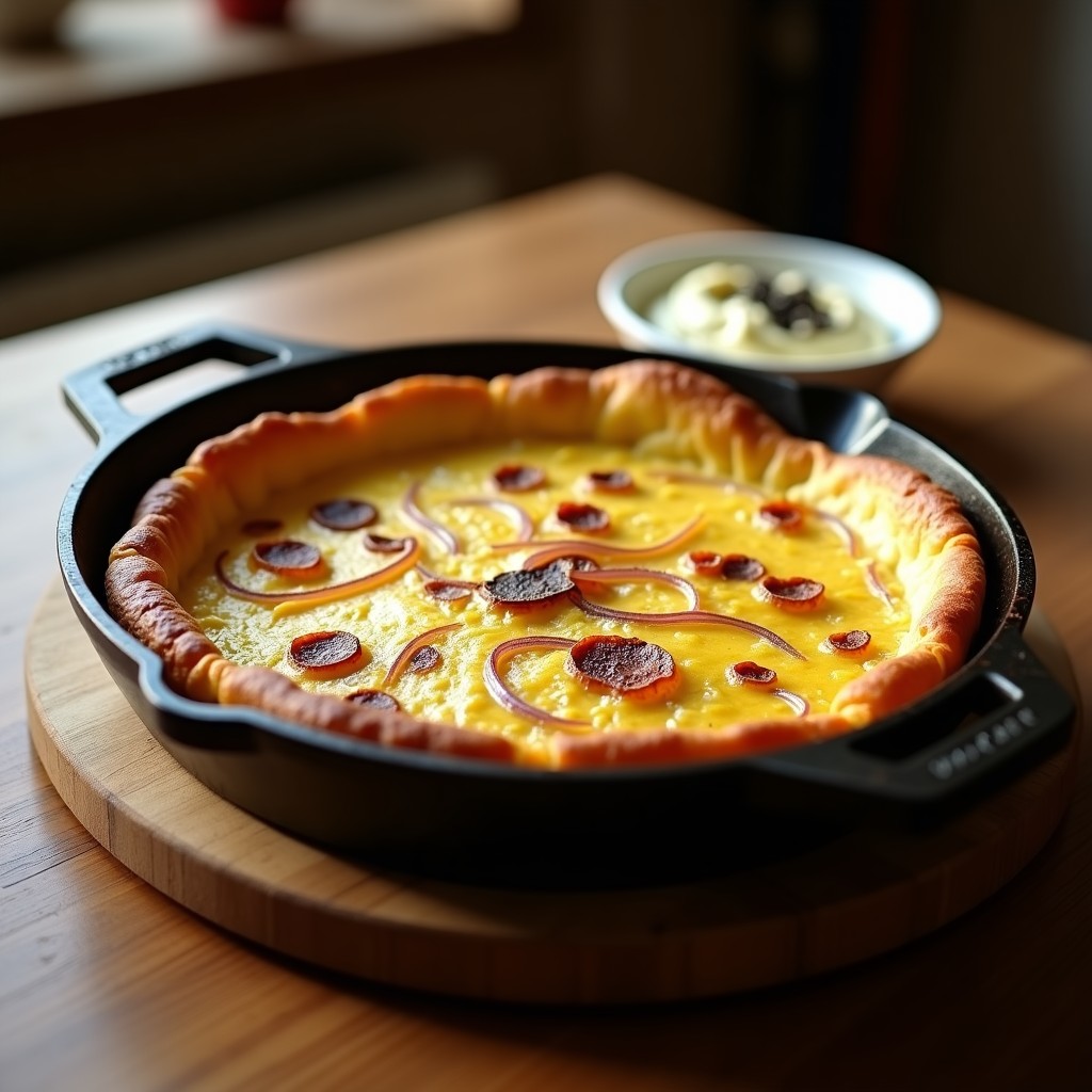 Tortilla de patata dorada y esponjosa en molde redondo, con aioli trufado cremoso servido en un cuenco pequeño al lado. Plato rústico de madera con fondo oscuro.