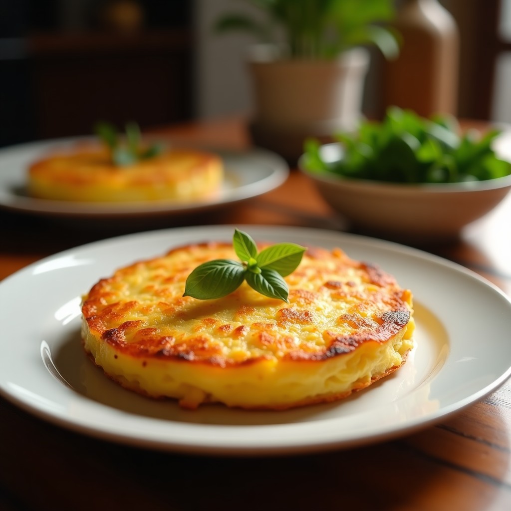 Tortilla de patata dorada con aires fritos crujientes en su superficie, servida en plato blanco con fondo rústico, receta airfryer.