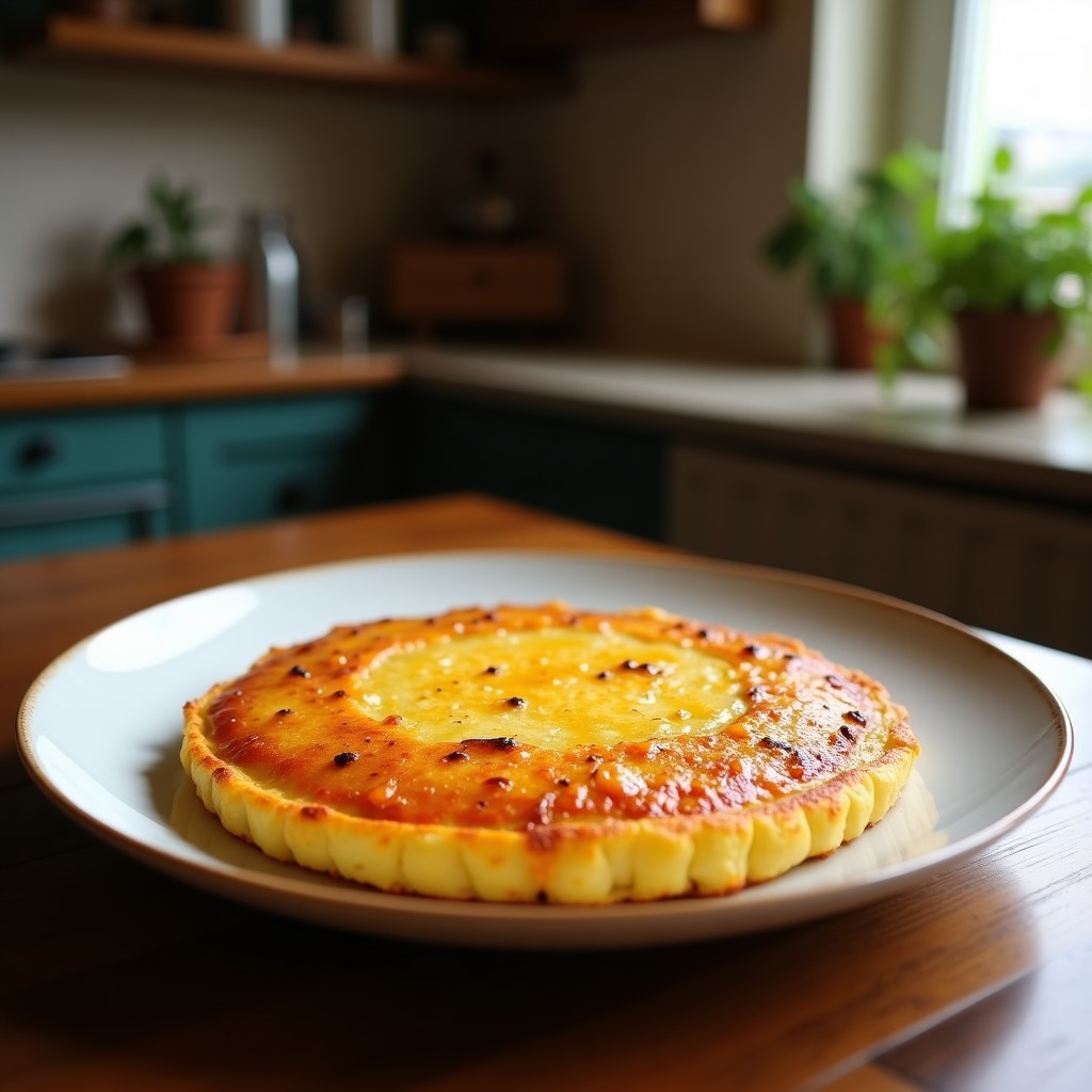 Tortilla española dorada con trozos visibles de patata y láminas de berenjena ahumada, servida en plato de barro con romero fresco y pimentón espolvoreado, receta tradicional con toque a leña.