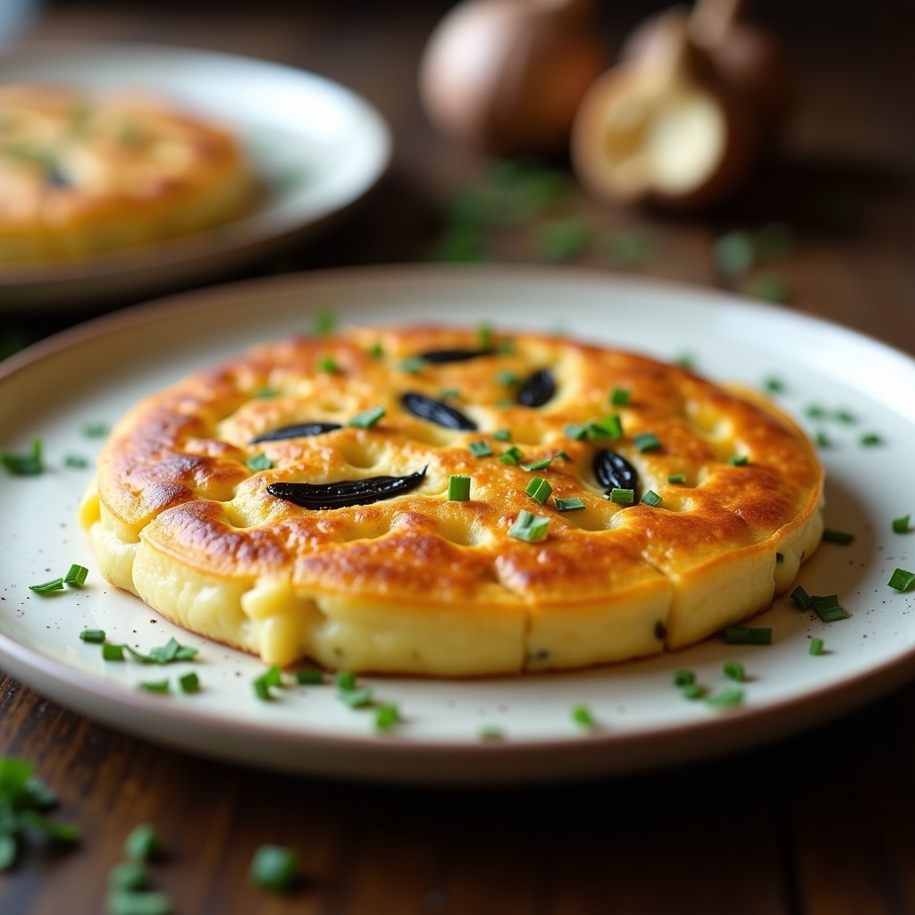 Tortilla de patata dorada con trozos de ajo negro, servida en plato blanco rústico con fondo de madera y hierbas frescas.