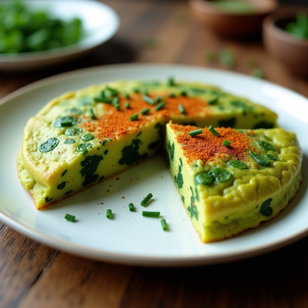 Tortilla de patata vegana con algas espirulina en airfryer, dorada por ambos lados, con un color verde azulado característico de la espirulina, cortada en porciones y servida en plato blanco con fondo rústico.