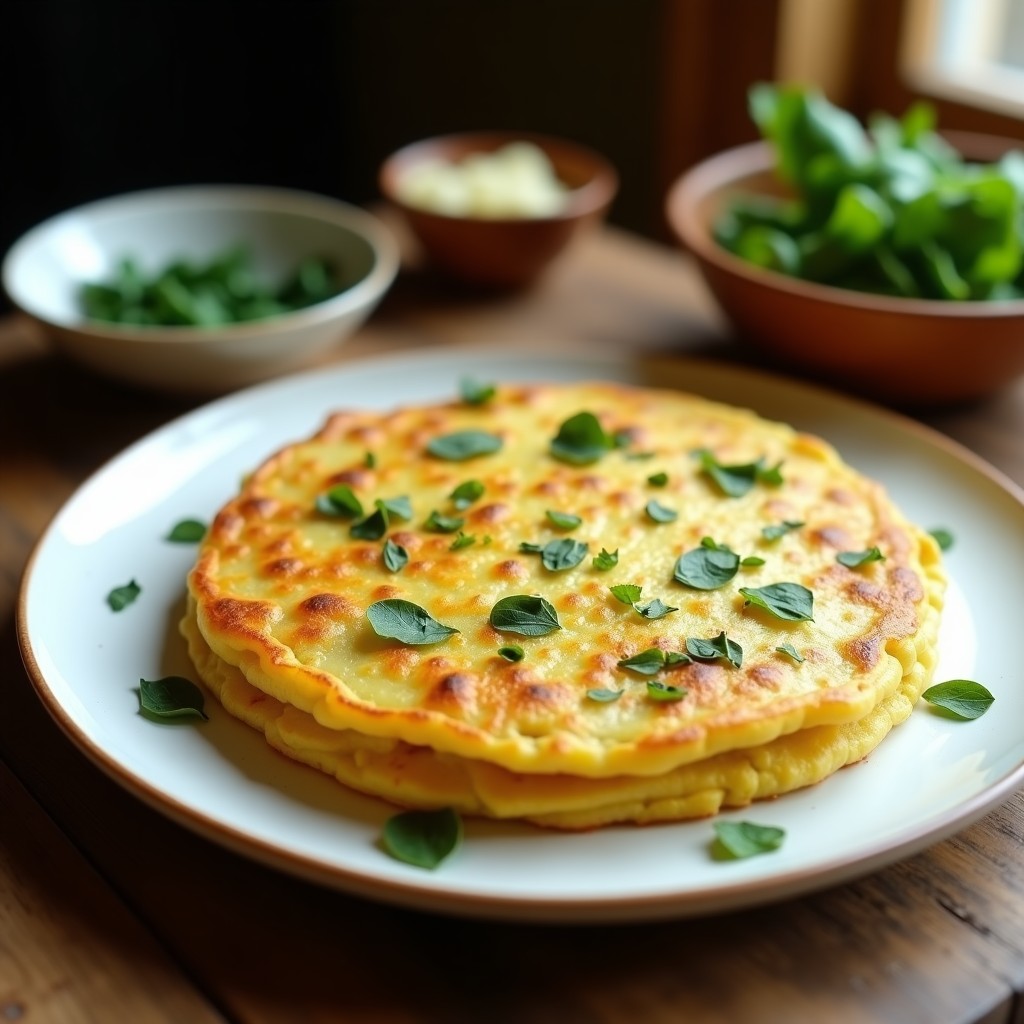 Tortilla de patata y algas wakame vegana dorada, con trozos de patata y algas visibles, servida en plato rústico de barro con fondo de madera.