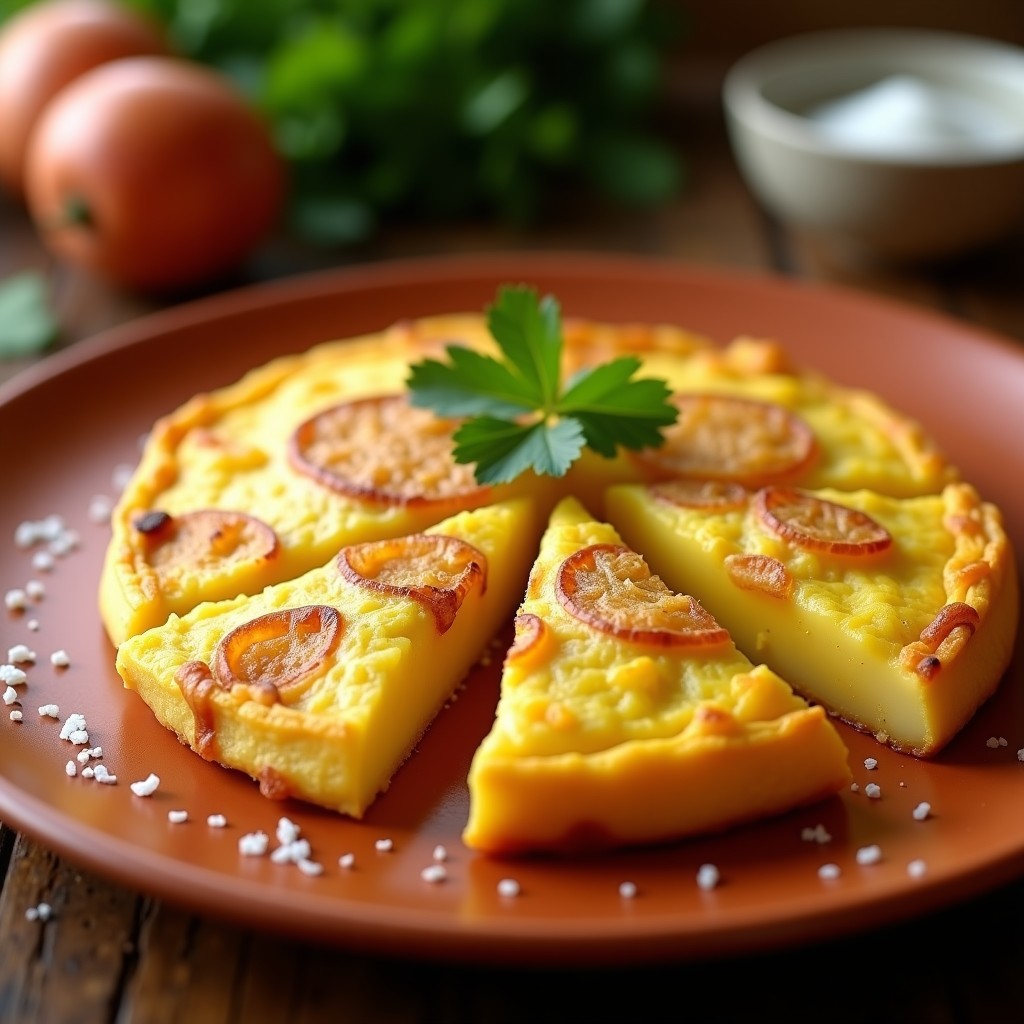 Tortilla de patata dorada con hebras de azafrán, cortada en porciones sobre plato de barro, receta olla a presión jugosa y aromática.