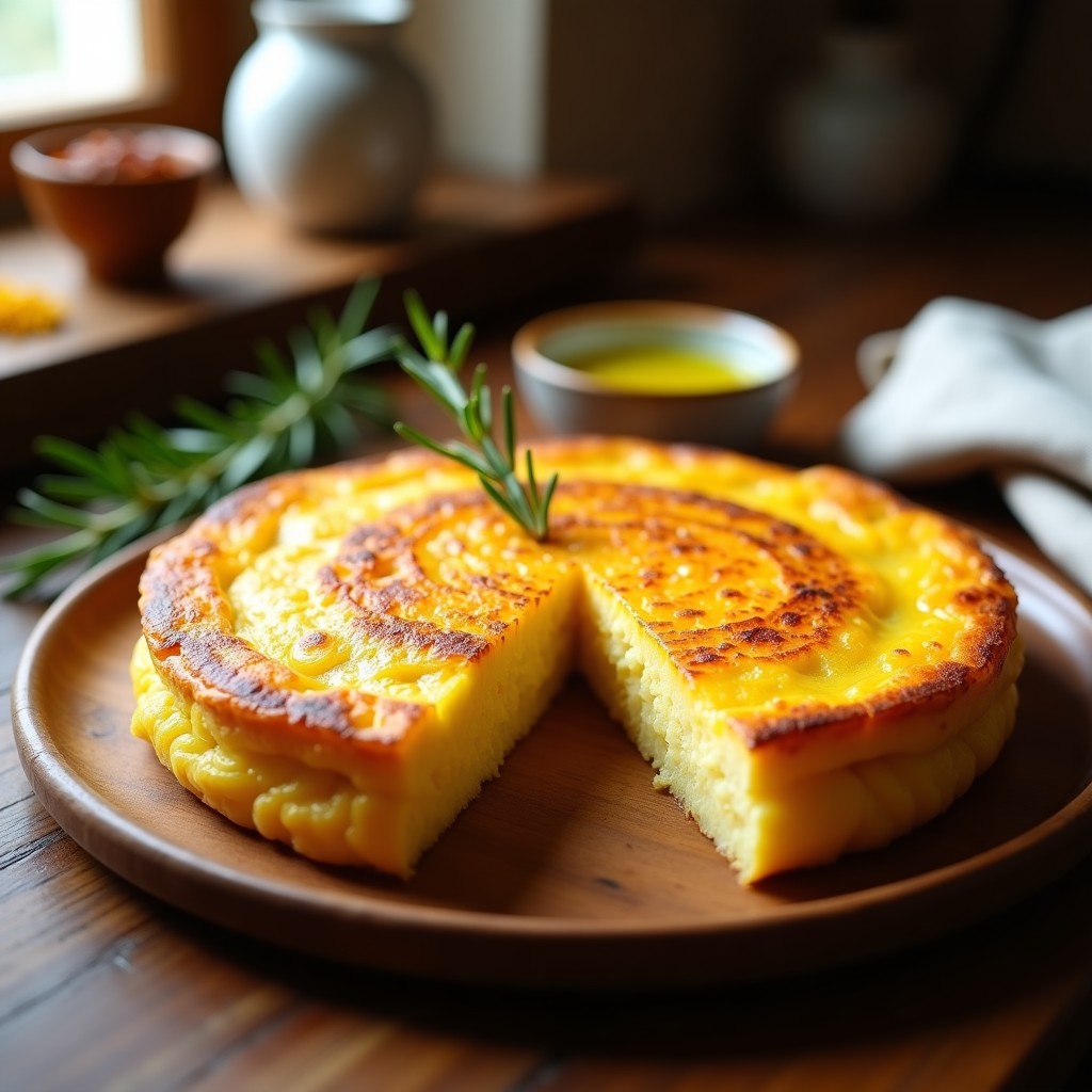 Tortilla de patata dorada con vetas de azafrán, cortada en porciones, sobre plato de madera rústica. Receta Thermomix ultraesponjosa y aromática.