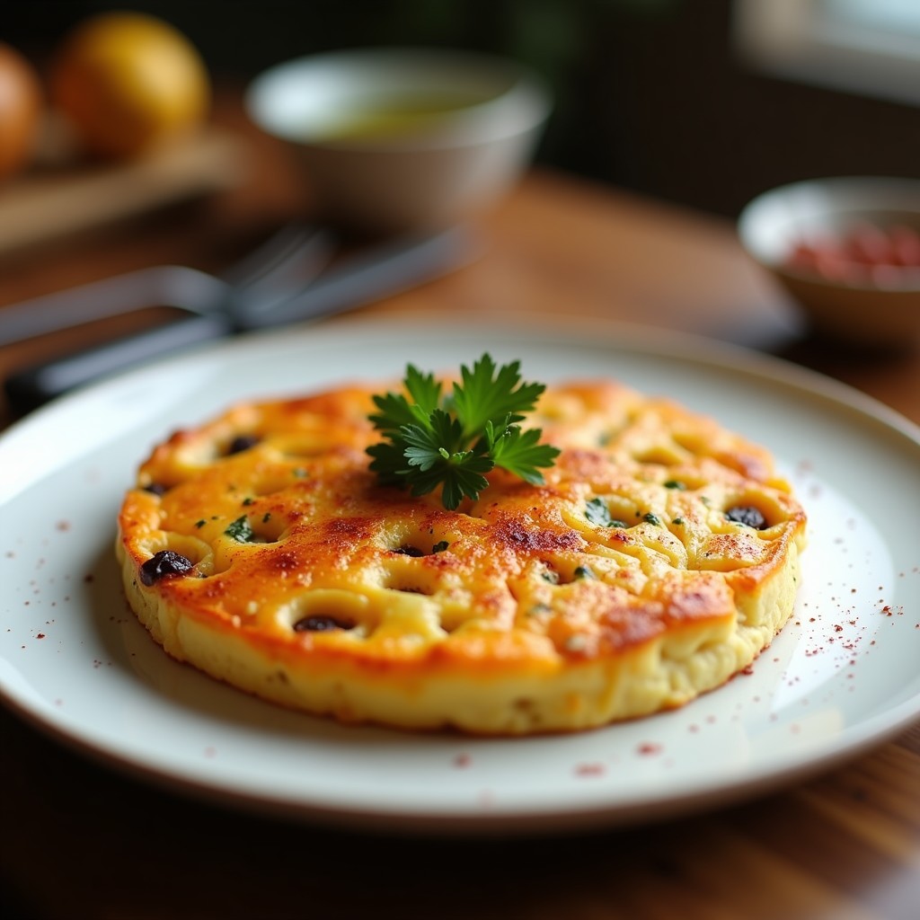 Tortilla española dorada con trozos de patata y batata ahumada, servida en plato de cerámica blanca con hierbas frescas y pimentón ahumado espolvoreado, receta Thermomix.