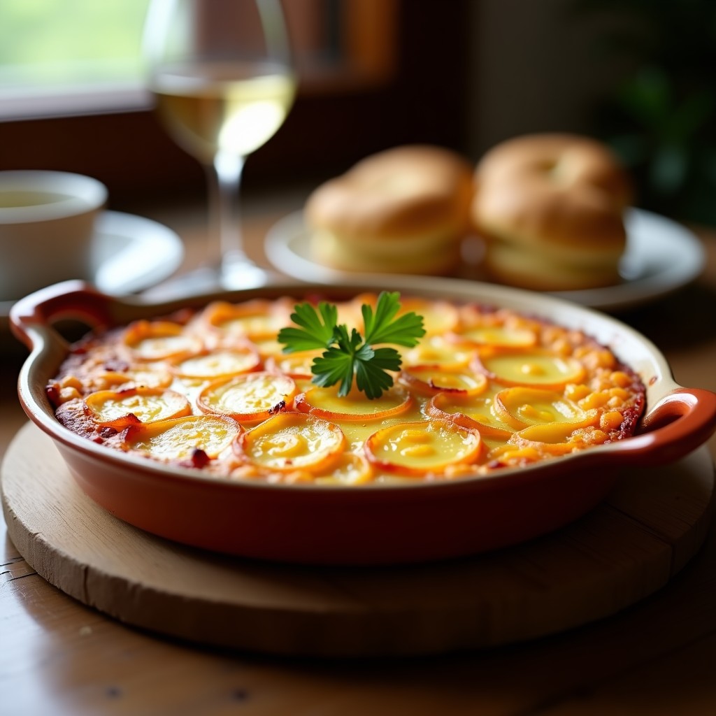 Tortilla de patata y batata al horno en molde redondo, dorada por encima con trozos de cebolla morada visibles, servida en plato rústico de barro.
